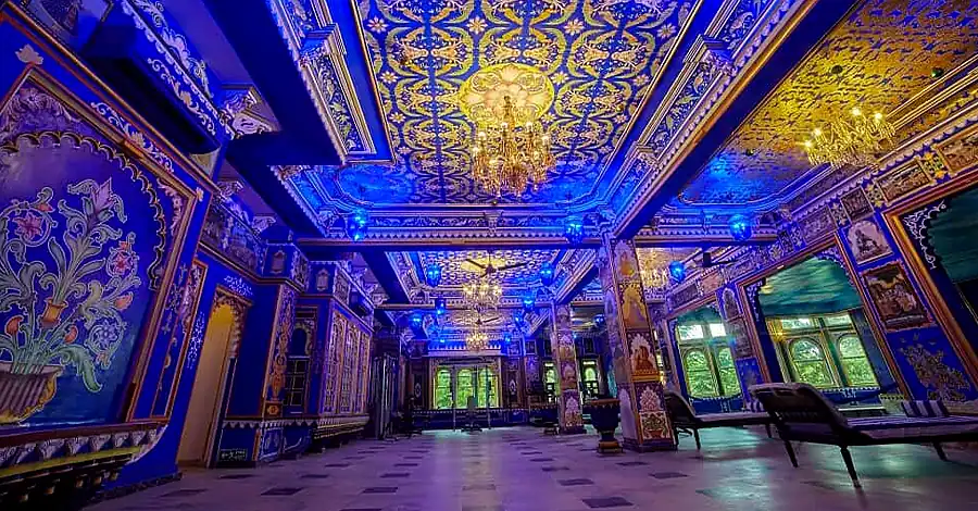 Chunda Palace Udaipur stunning blue and gold wedding hall interior setup