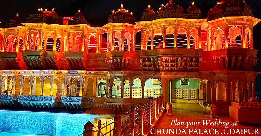 Chunda Palace Udaipur night view with colorful illumination and heritage architecture