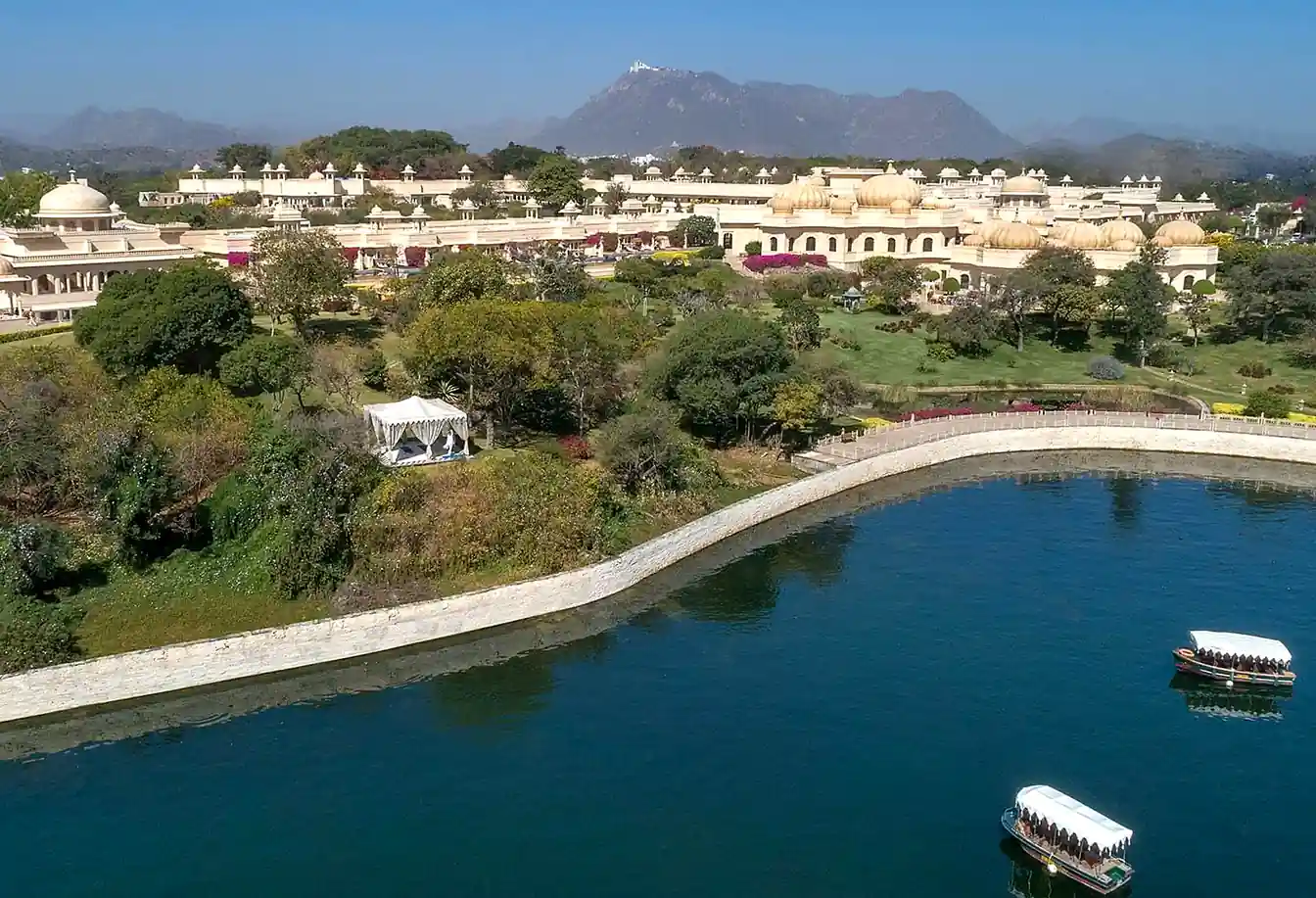 Oberoi Udaivilas Aerial View with Lake Pichola and Aravalli Mountains