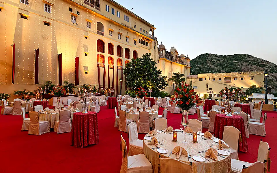 Samode Palace - Durbar Hall Terrace with Red Carpet Reception Setup