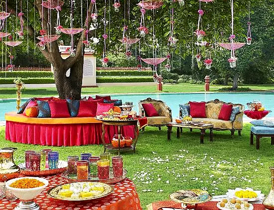 Taj Jai Mahal Palace Jaipur - Colorful Mehendi Setup in Garden
